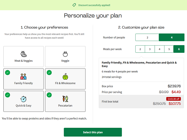 HomeFresh order summary with selection options and cost